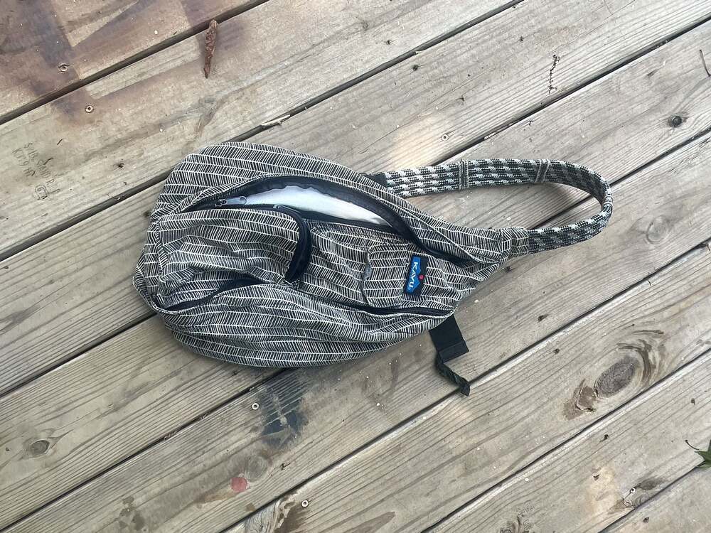KAVU Rope Sling Crossbody Backpack in Black and White Geometric Print